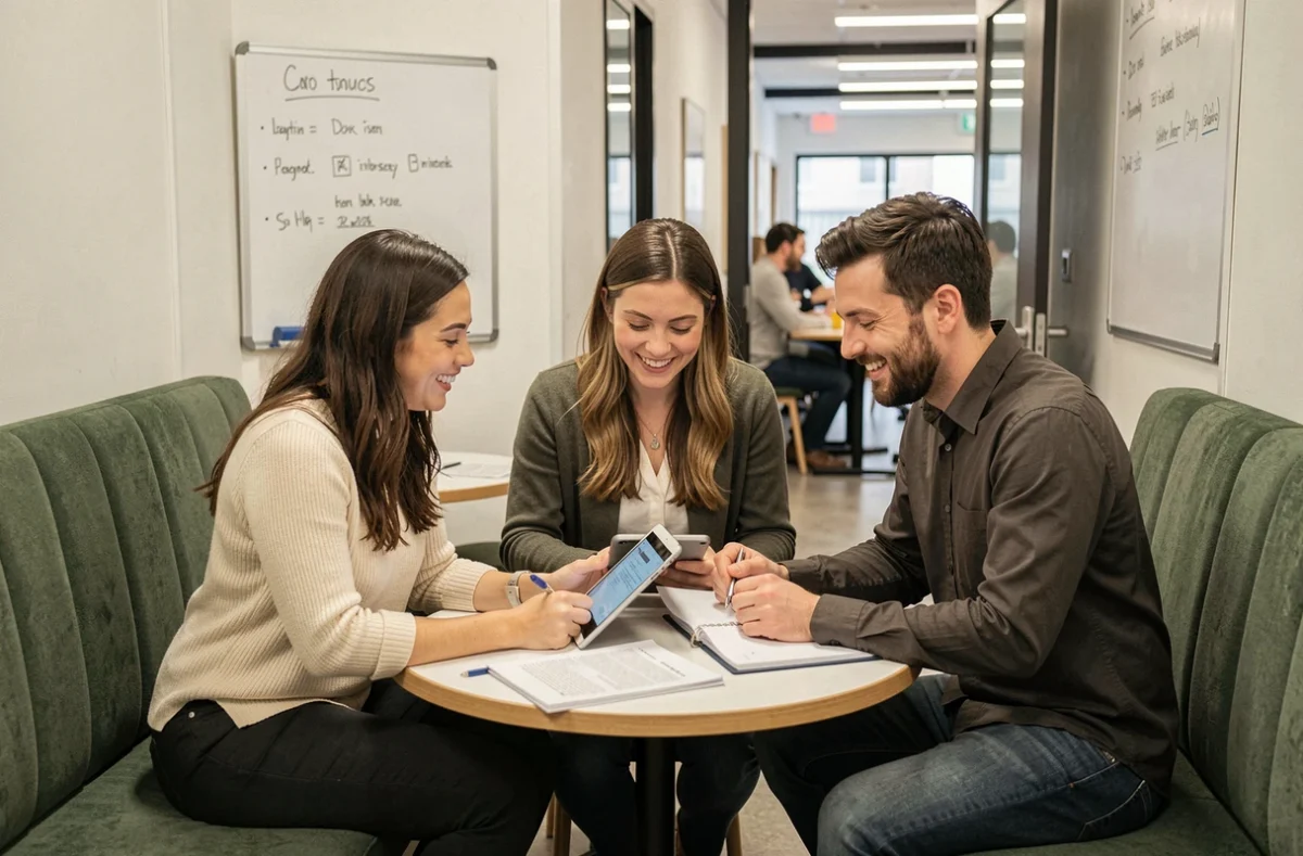 Groupe de professionnels en réunion collaborative dans un pod de coworking à Villeurbanne, autour d'une table ronde