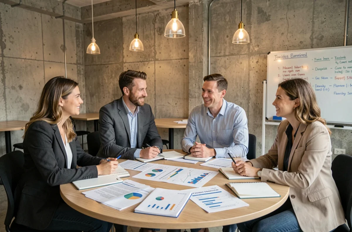 Équipe de professionnels du secteur tertiaire en réunion dans un espace de coworking