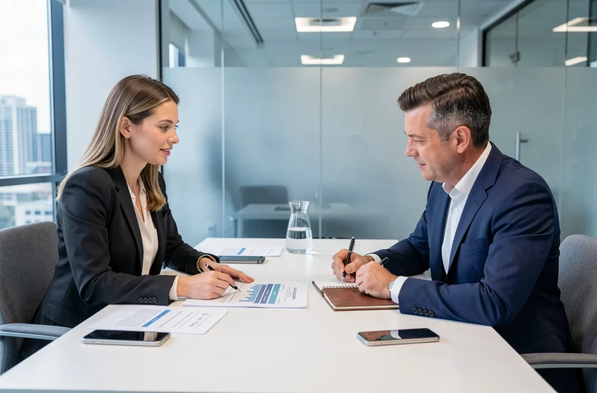 Réunion entre un consultant et un chargé de compte pour expliquer le calcul du salaire net en portage salarial