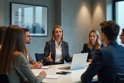 Groupe de professionnels en réunion dans une salle moderne