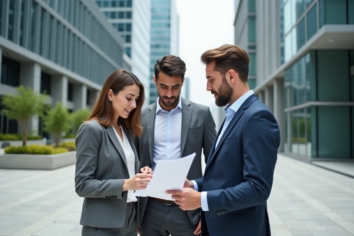Trois professionnels en discussion en extérieur en ville