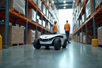 Robot autonome dans un entrepôt moderne avec rayonnages