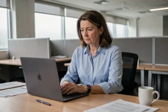 Employée du secteur privé assise à son bureau pendant une fermeture administrative, expression pensive, bureau vide en arrière-plan