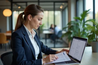 Salariée consultant le coffre-fort numérique MyArkevia sur son ordinateur portable dans un bureau en open space moderne