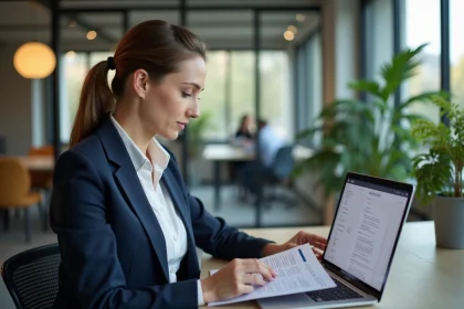 Salariée consultant le coffre-fort numérique MyArkevia sur son ordinateur portable dans un bureau en open space moderne