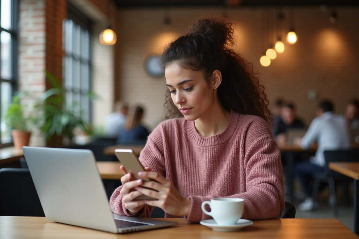 Salariée consultant sereinement une notification RH sur smartphone dans un espace de coworking moderne