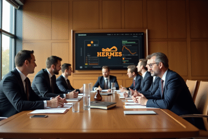 Salle de reunion luxe avec logo Hermes et graphiques