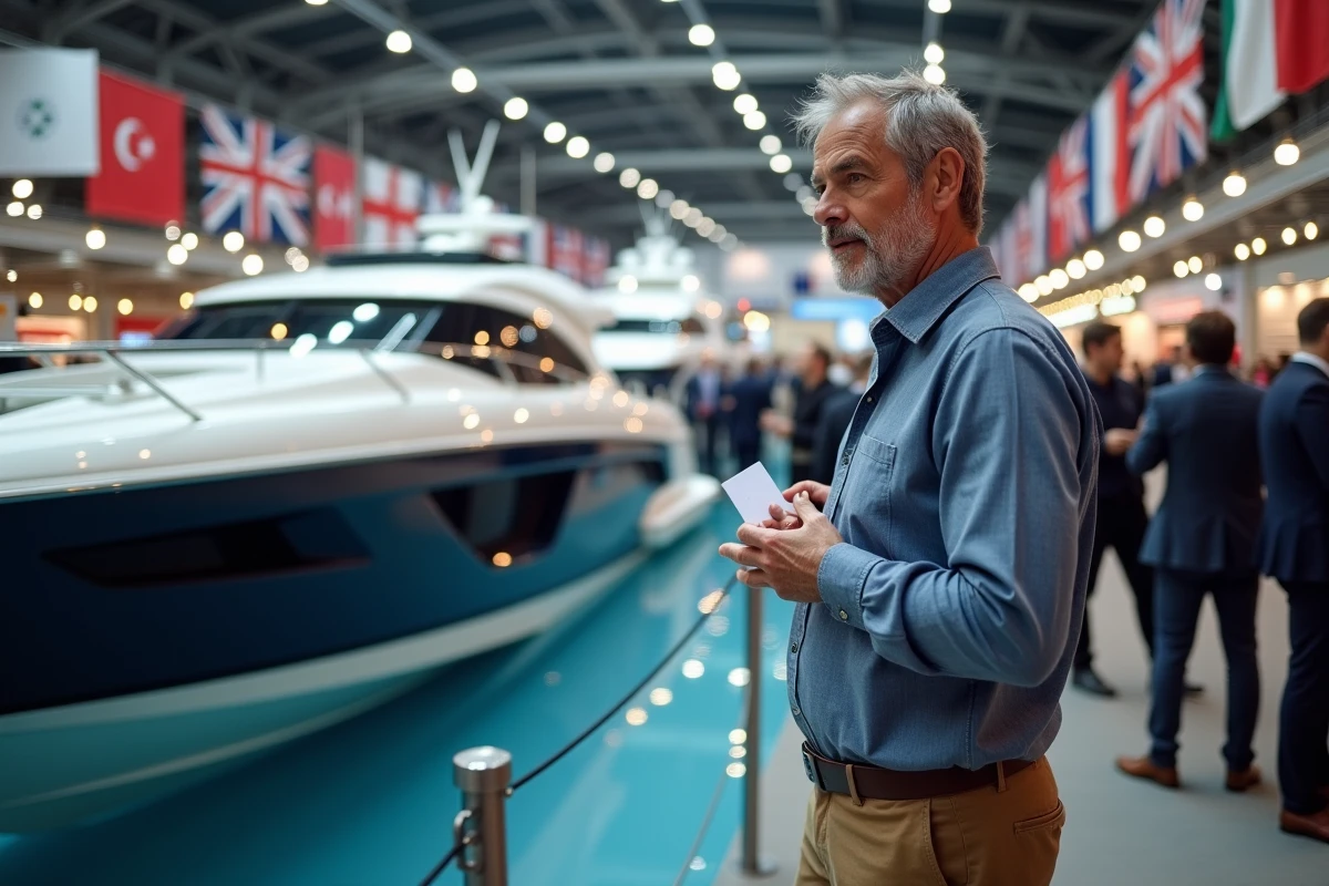 Dirigeant de l'industrie nautique présentant un yacht à moteur lors d'un salon nautique international, entouré d'exposants et de professionnels du secteur du bateau
