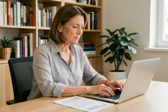 Femme consultant ses accès sécurisés La Poste sur un ordinateur portable dans un bureau à domicile