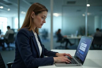 Femme professionnelle en blazer marine sécurisant sa connexion à un portail RH avec authentification à deux facteurs sur un ordinateur portable en bureau d'entreprise