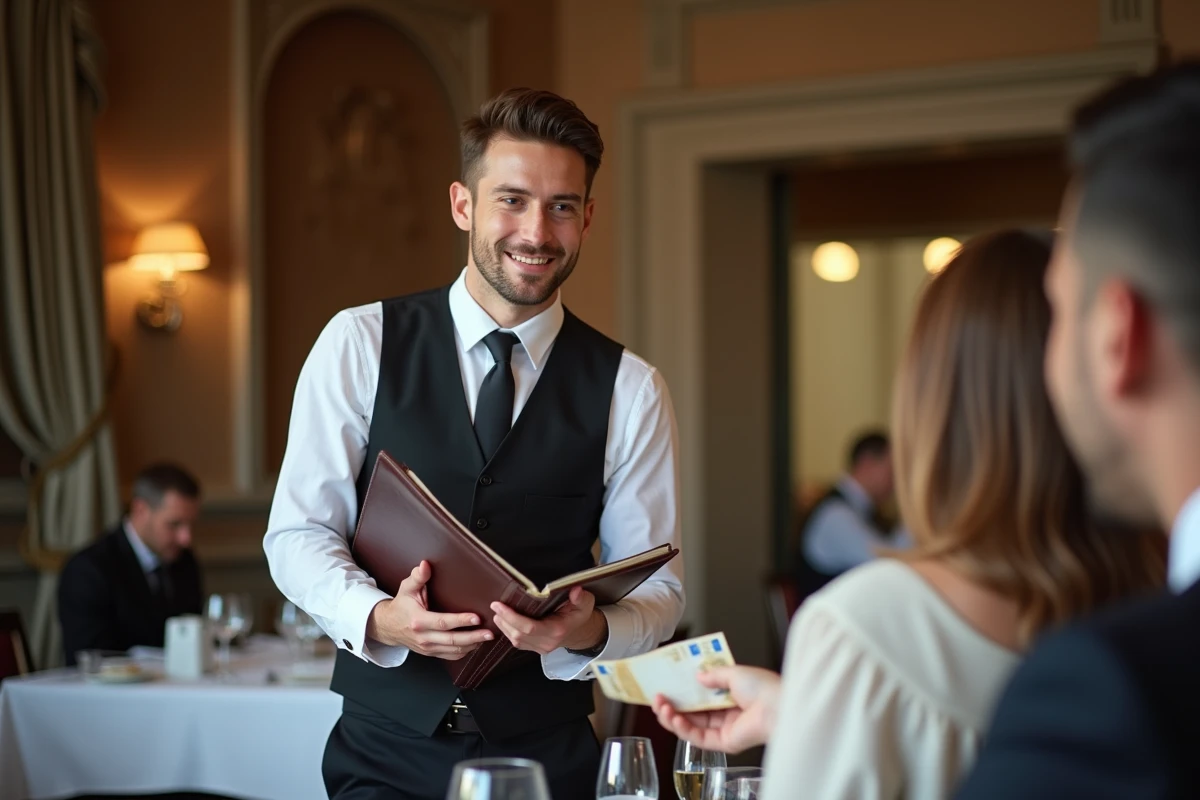 Serveur d'hôtel-restaurant recevant un pourboire en billets d'euros de la part d'un client satisfait