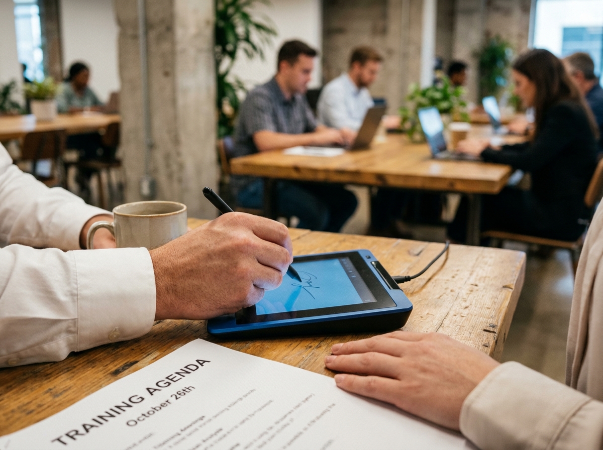 Gros plan de mains utilisant un stylet pour signer électroniquement sur un pad de signature numérique lors d'une session de formation