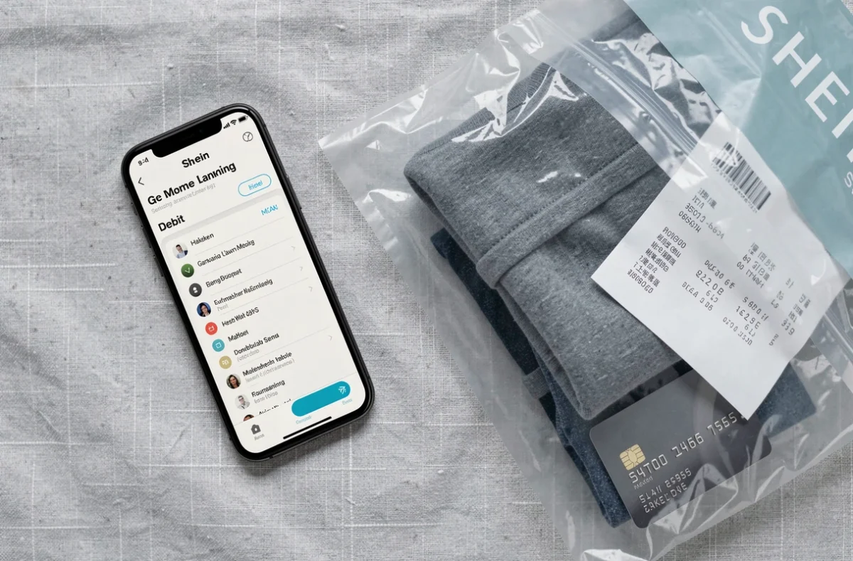 Vue de dessus d'un smartphone affichant une application bancaire avec un débit inconnu, posé à côté d'un colis Shein ouvert