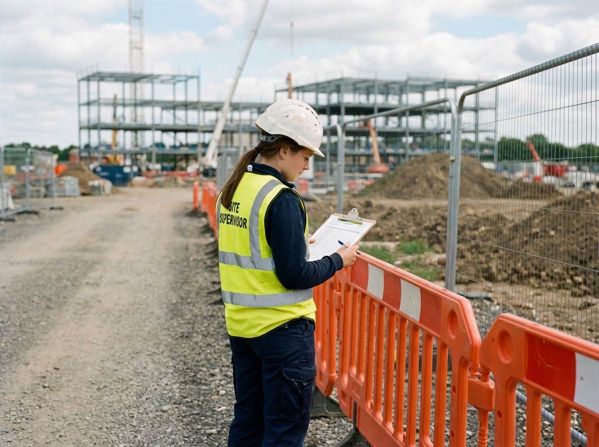 Superviseure de chantier inspectant barrières piétonnes en extérieur