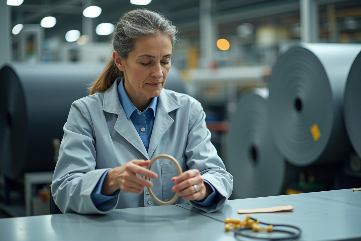 Technicienne manipulant un elastomère souple sur son poste de travail industriel