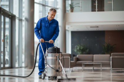 Technicien de nettoyage professionnel en action dans un hall moderne