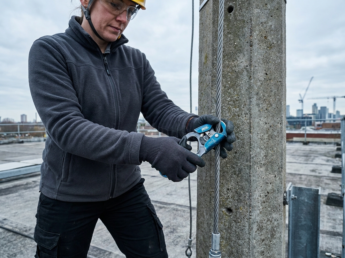 Technicienne de sécurité utilisant un antichute mobile Petzl sur poteau en béton