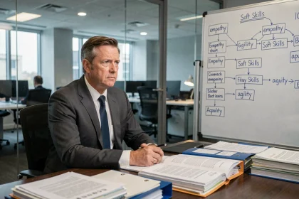 Cadre supérieur dépassé face aux nouvelles compétences douces dans un bureau d'entreprise moderne, illustrant le théorème de Peter à l'ère des soft skills