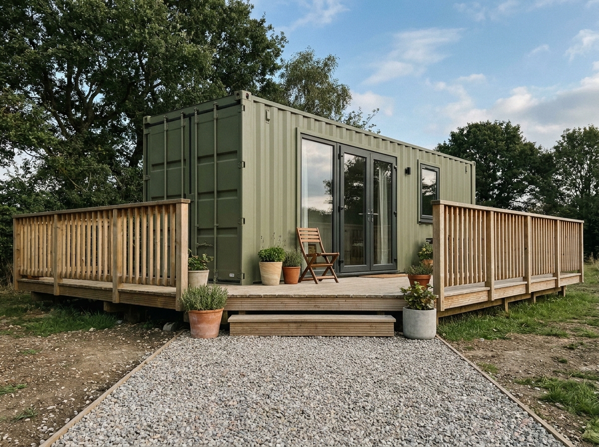 Tiny house terminée construite avec un conteneur maritime recyclé, avec terrasse en bois et finitions économiques
