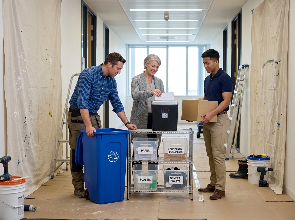 Équipe de bureau triant des documents et déchets près d'une station de recyclage installée dans un couloir en cours de rénovation
