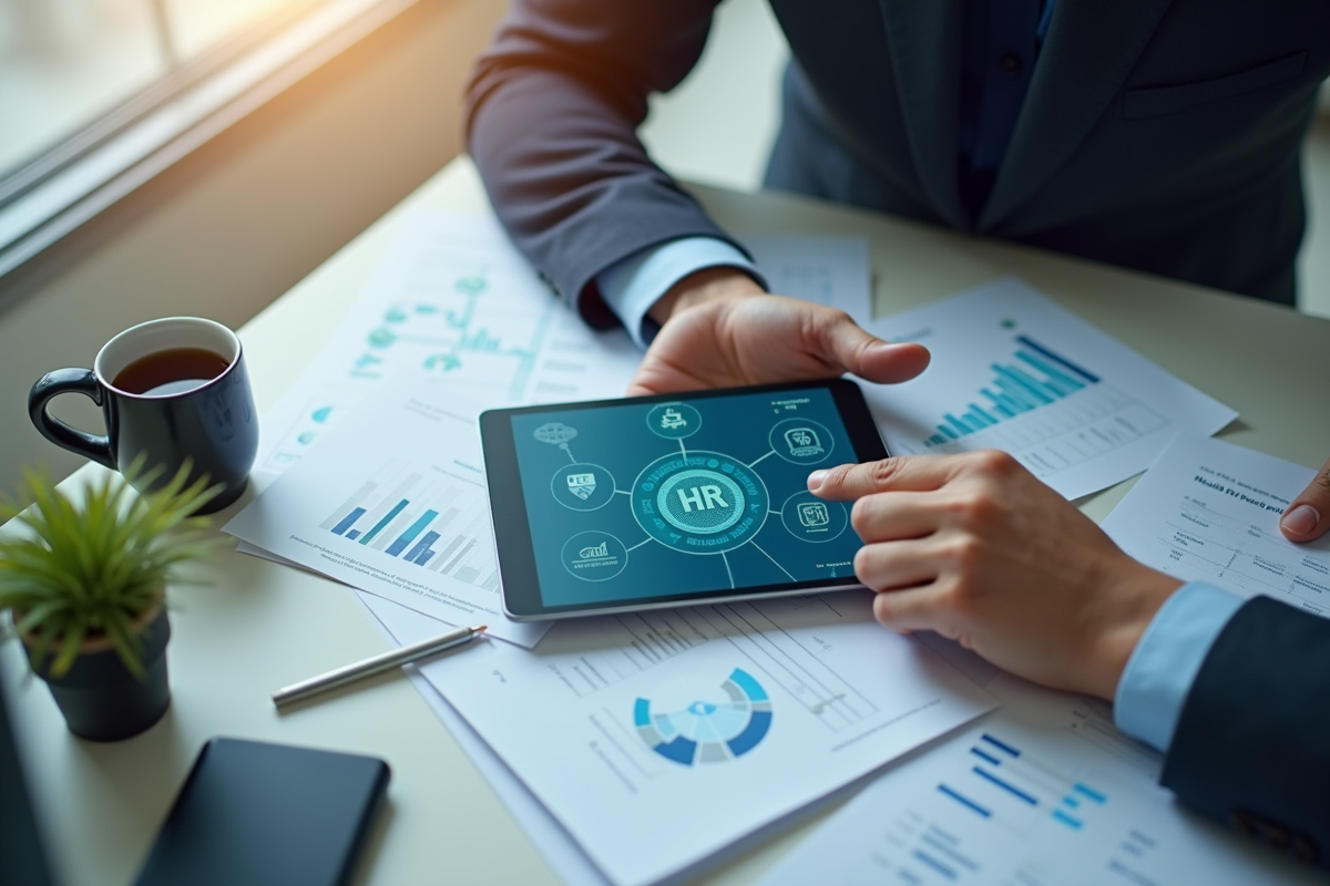 Personne utilisant une tablette avec icônes HR au-dessus