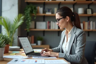 Professionnelle organisant sa veille business autour d'un blog sur son ordinateur portable au bureau