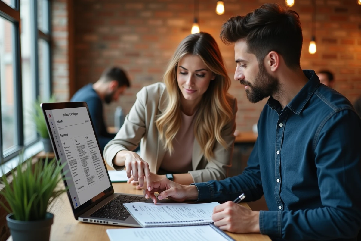 Deux collègues organisant leur veille business autour d'un blog dans un espace de co-working