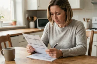Femme examinant un relevé bancaire à la maison pour vérifier un prélèvement SGC Calais