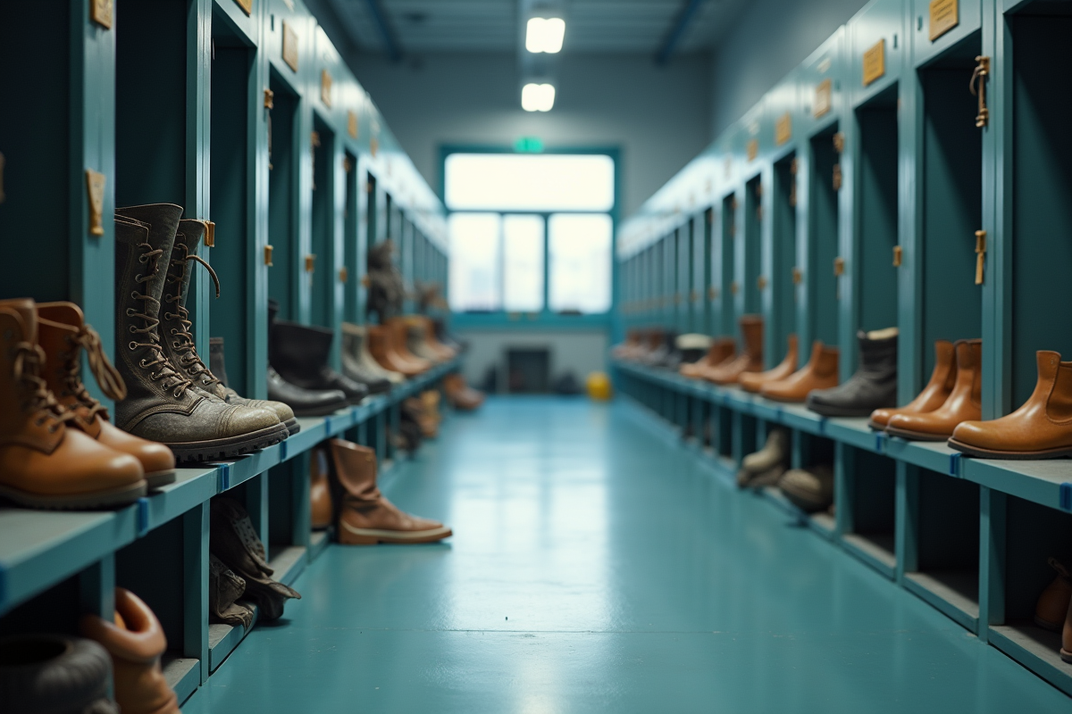 Vestiaires propres avec équipements de protection et bottes rangés