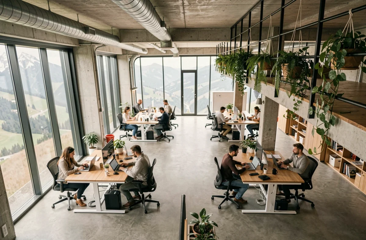 Vue d'ensemble d'un espace de coworking à Gap avec travailleurs indépendants et ambiance alpine